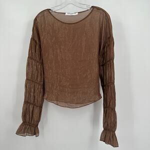 Amanda‎ Uprichard Womens Pullover Silk Metallic Top Size S Brown Puff Sleeve